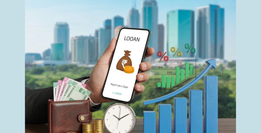 in this image shown a mobile screen ,clock and graph to urgent cash loan app indicate