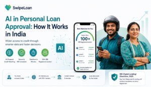 AI-powered personal loan approval in India showing a gig worker and small business owner being matched with RBI-registered lenders through SwipeLoan's AI-driven credit marketplace using alternative data beyond traditional credit scores.