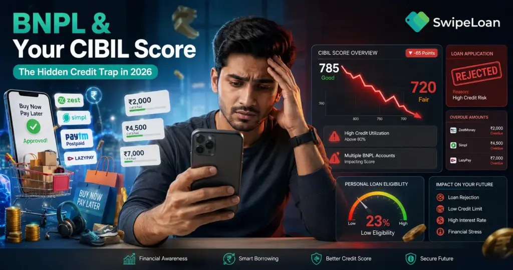 Worried Indian professional checking smartphone with BNPL payment reminders and falling CIBIL score dashboard, illustrating how Buy Now Pay Later services can impact credit scores and loan eligibility in India.
