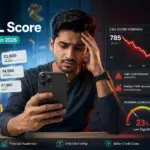 Worried Indian professional checking smartphone with BNPL payment reminders and falling CIBIL score dashboard, illustrating how Buy Now Pay Later services can impact credit scores and loan eligibility in India.