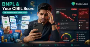 Worried Indian professional checking smartphone with BNPL payment reminders and falling CIBIL score dashboard, illustrating how Buy Now Pay Later services can impact credit scores and loan eligibility in India.