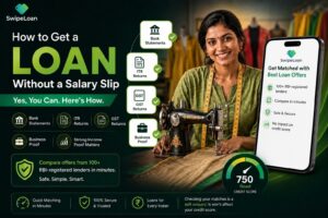 Self-employed Indian woman checking instant personal loan options without a salary slip.