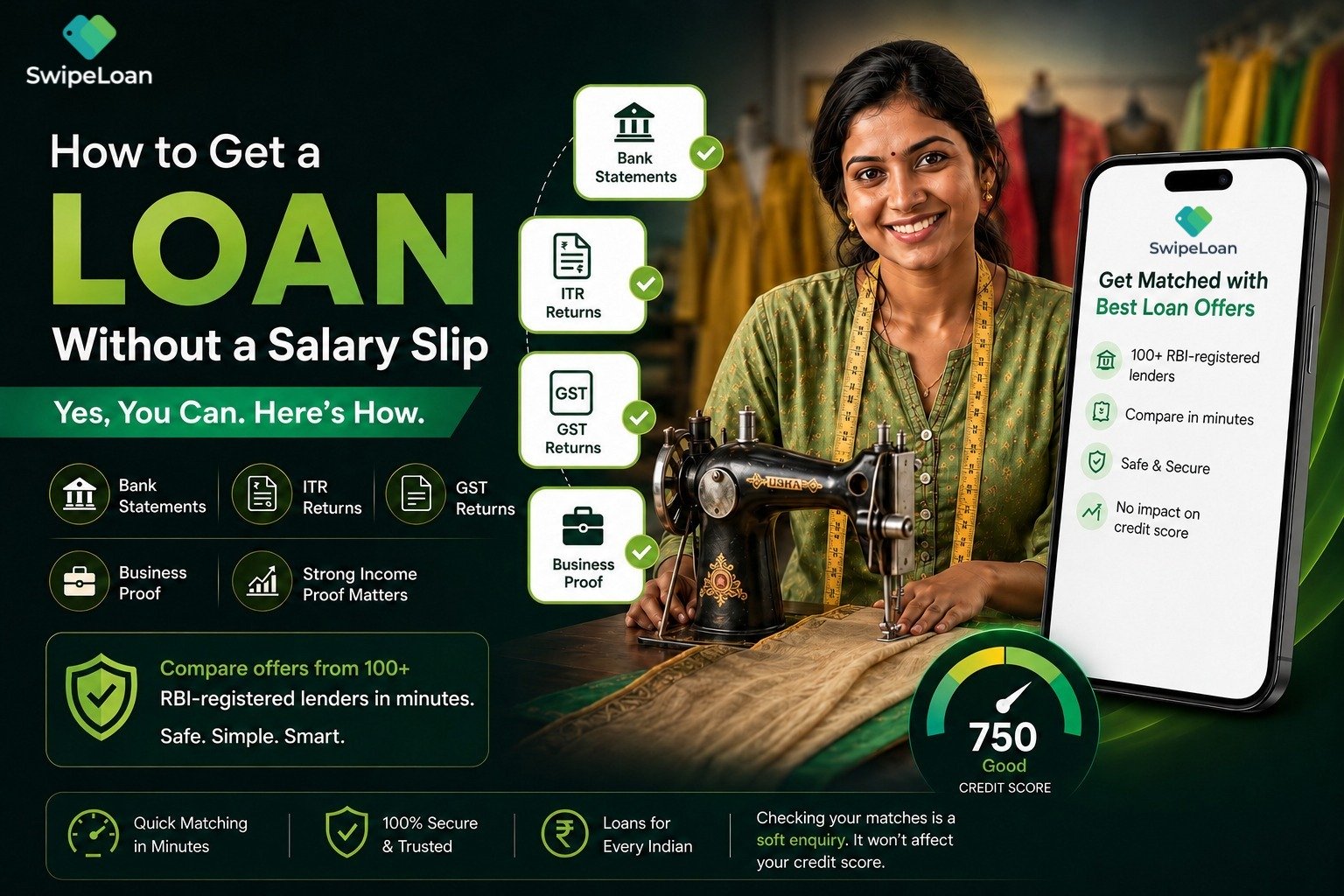 Self-employed Indian woman checking instant personal loan options without a salary slip.