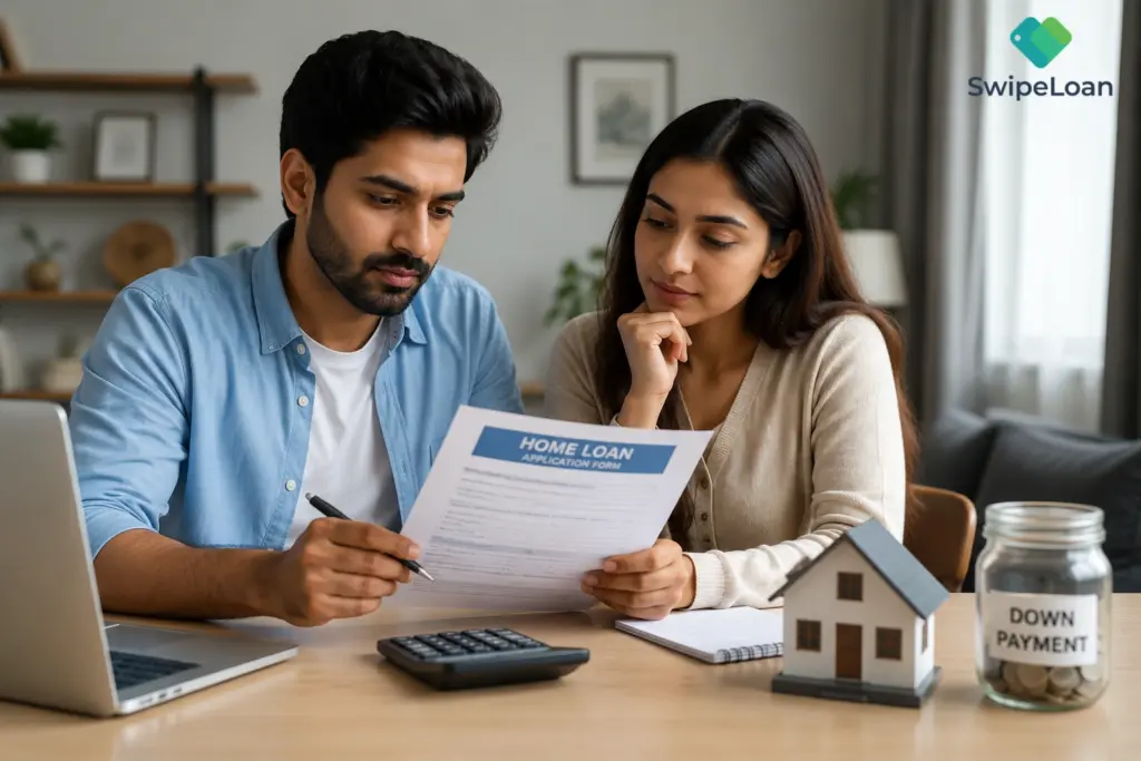 Indian couple reviewing home loan application and calculating down payment for a house purchase in India