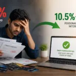Worried Indian borrower comparing 42% credit card interest with a lower-interest personal loan for debt consolidation.