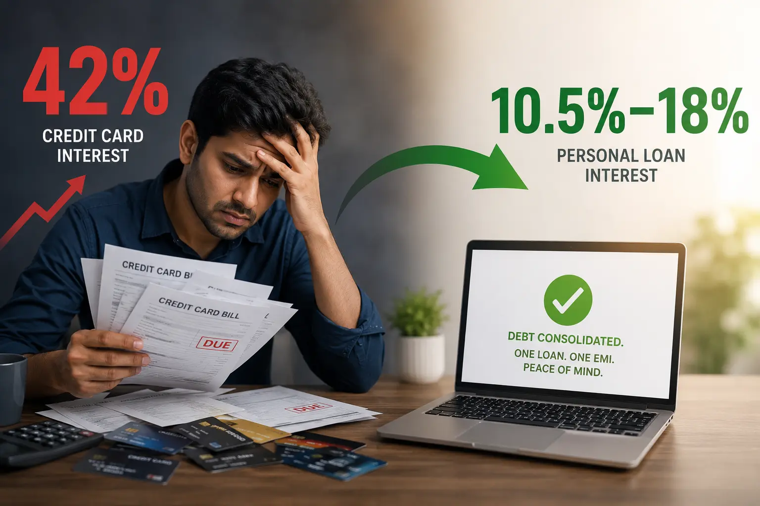 Worried Indian borrower comparing 42% credit card interest with a lower-interest personal loan for debt consolidation.
