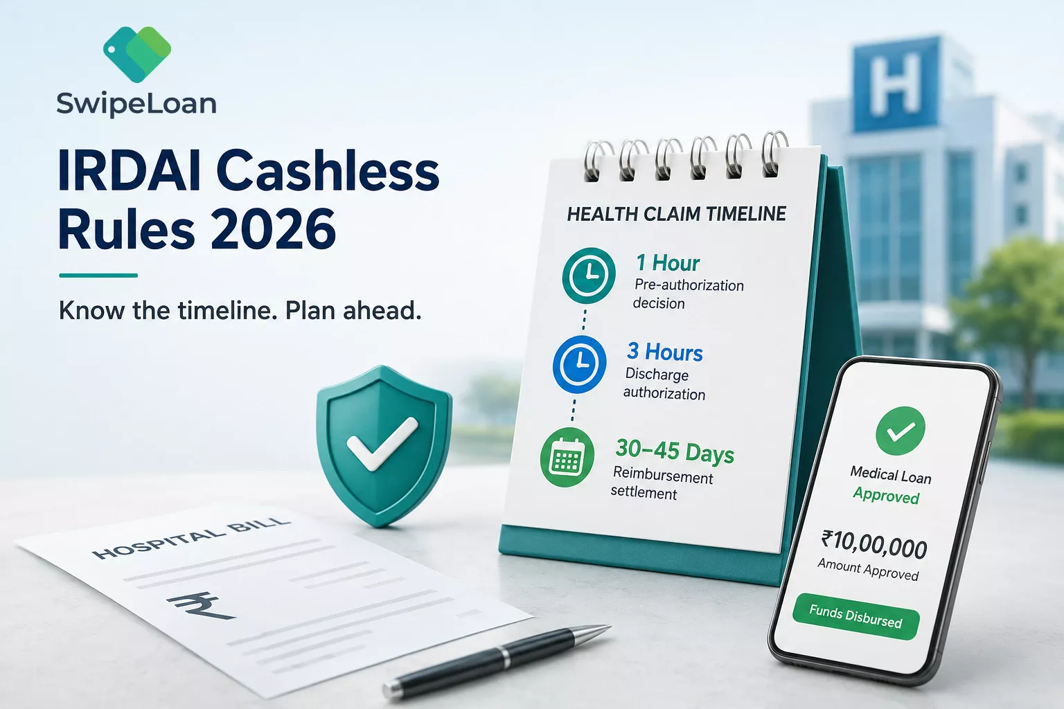 IRDAI cashless health insurance claim timeline with 1-hour approval, 3-hour discharge and medical loan support
