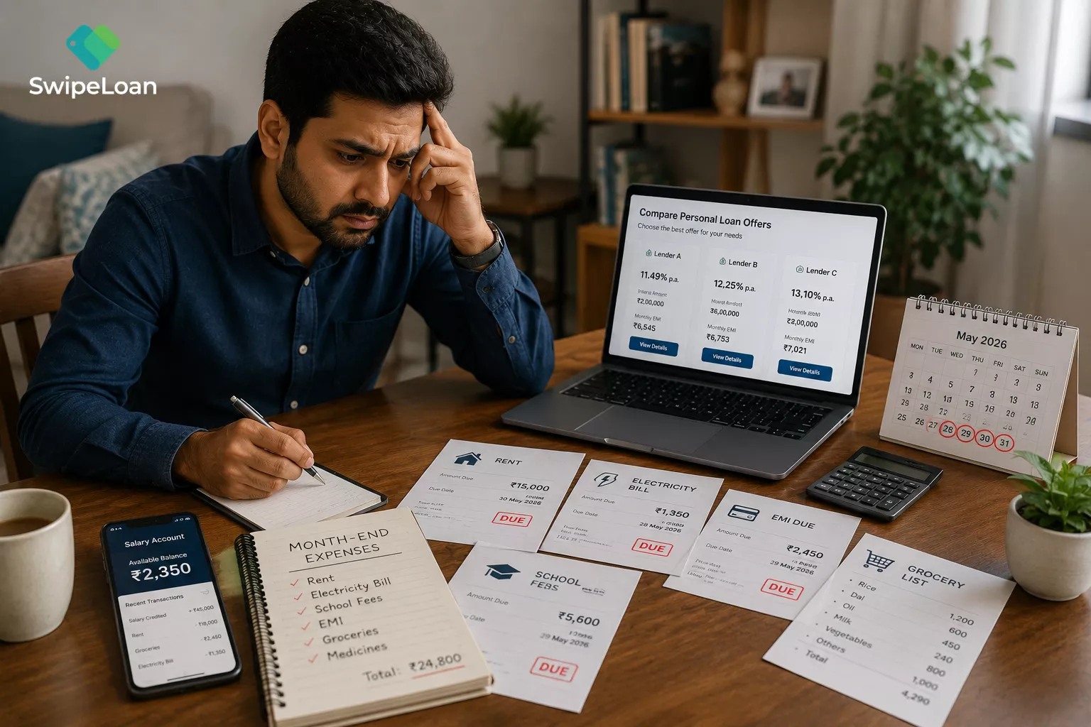 Indian salaried professional comparing personal loan options online to manage month-end cash crunch and emergency expenses with SwipeLoan