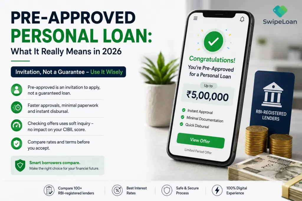 Pre-approved personal loan offer displayed on a smartphone explaining eligibility, CIBIL score impact, instant approval process, and comparison of RBI-registered lenders in India.
