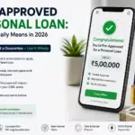 Pre-approved personal loan offer displayed on a smartphone explaining eligibility, CIBIL score impact, instant approval process, and comparison of RBI-registered lenders in India.