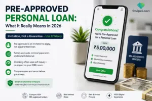 Pre-approved personal loan offer displayed on a smartphone explaining eligibility, CIBIL score impact, instant approval process, and comparison of RBI-registered lenders in India.