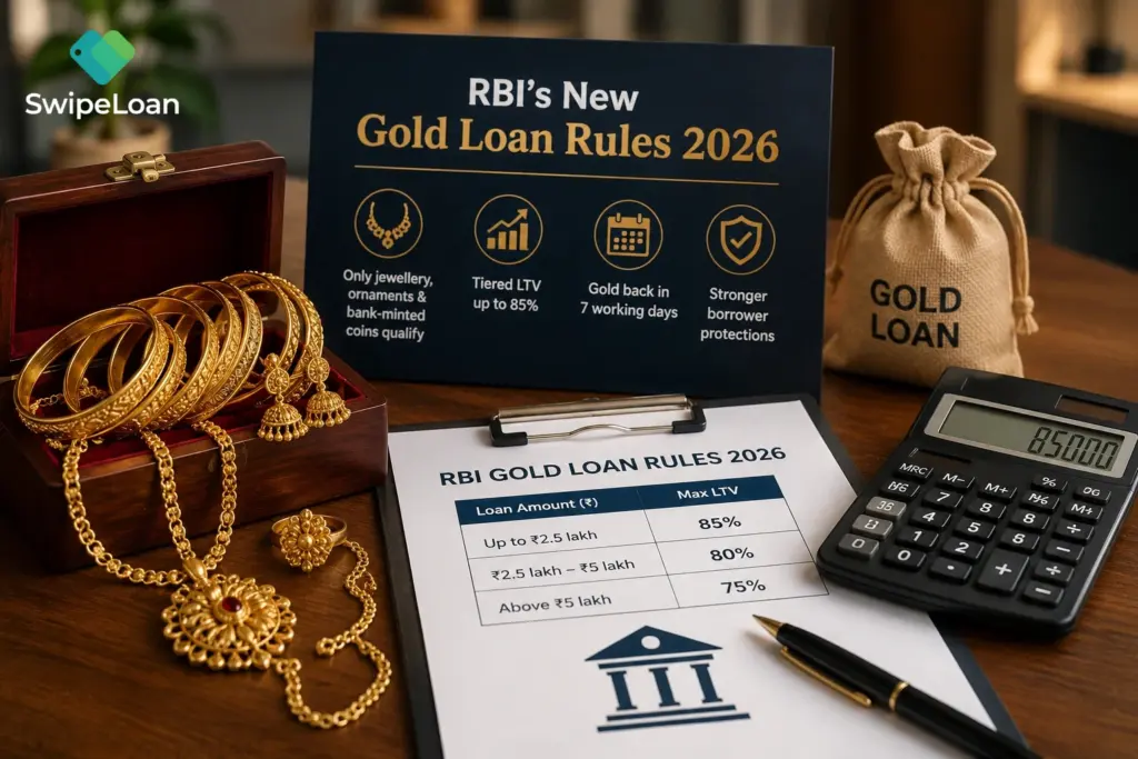 Indian customer getting gold jewellery evaluated for a gold loan under RBI's new 2026 gold loan rules.