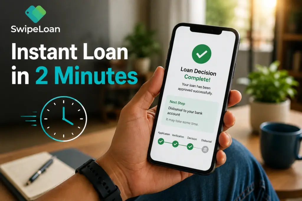 Instant loan in 2 minutes concept showing a borrower viewing a loan decision on a smartphone.