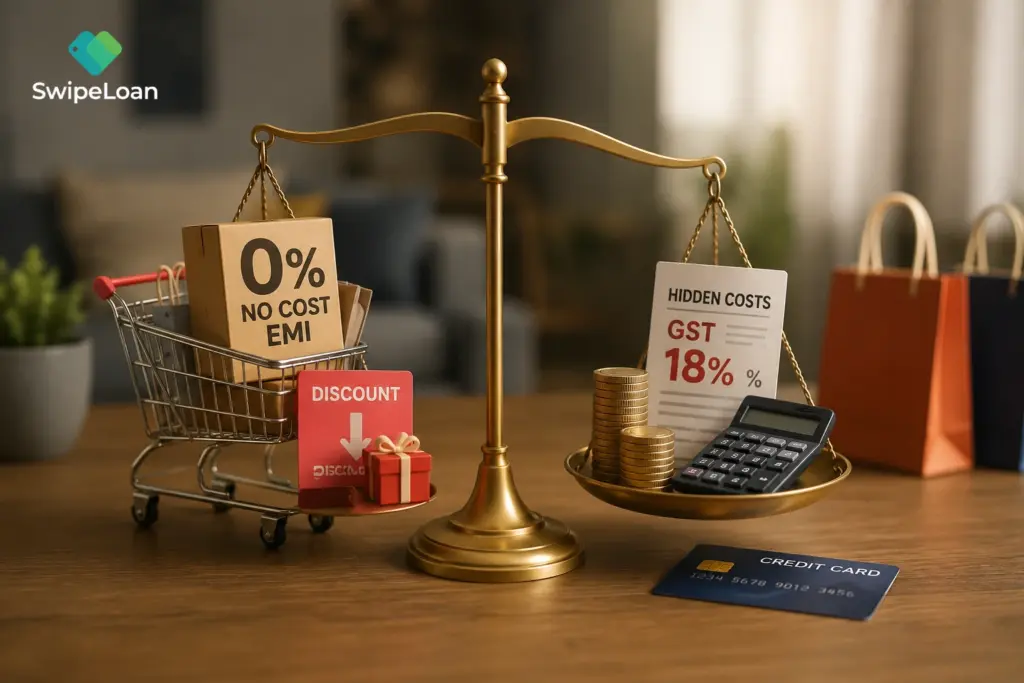 Customer checking No Cost EMI offer with hidden GST charges and discount comparison by SwipeLoan